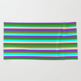 [ Thumbnail: Vibrant Tan, Purple, Forest Green, Green & Aqua Colored Striped/Lined Pattern Beach Towel ]
