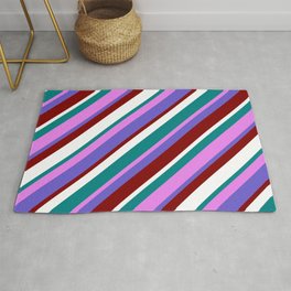 [ Thumbnail: Vibrant Teal, Violet, Slate Blue, Maroon & White Colored Pattern of Stripes Rug ]