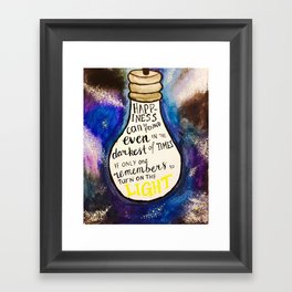 Lightbulb quote from H.P, "Happiness can be found even in the darkest of times..." Framed Art Print