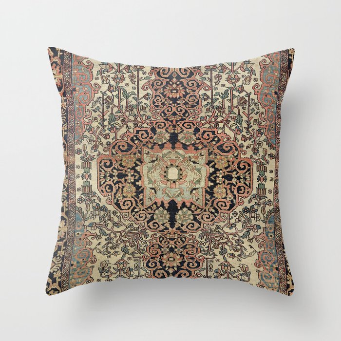 Persian Sarouk Old Century Authentic Colorful Peach Pink Beige Vintage Rug Pattern Throw Pillow
