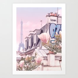 Paris with its Eiffel Tower and Magnolias - Vintage Romantic Art Print