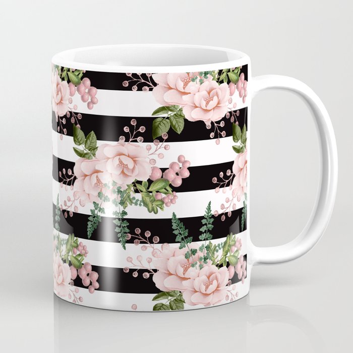 Black & White Stripes With Blush Flowers Coffee Mug