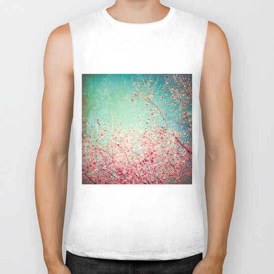 Blue Autumn, Pink leafs on blue, turquoise, green, aqua sky Biker Tank