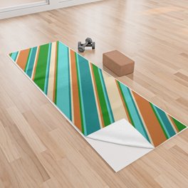 [ Thumbnail: Colorful Tan, Teal, Turquoise, Green, and Chocolate Colored Lines Pattern Yoga Towel ]
