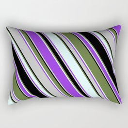 [ Thumbnail: Colorful Dark Olive Green, Light Cyan, Purple, Grey, and Black Colored Lined/Striped Pattern Rectangular Pillow ]