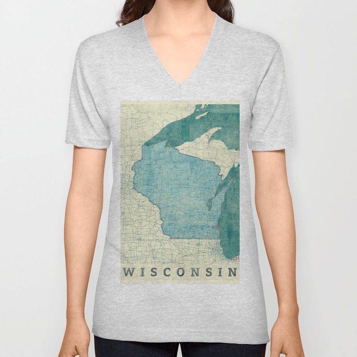 Wisconsin State Map Blue Vintage V Neck T Shirt