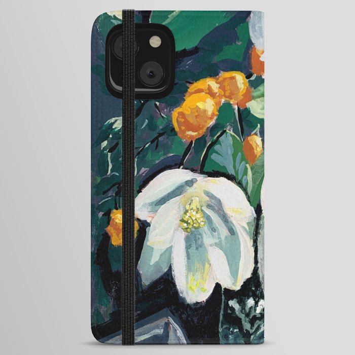 Magnolia and Persimmon Floral Still Life iPhone Wallet Case
