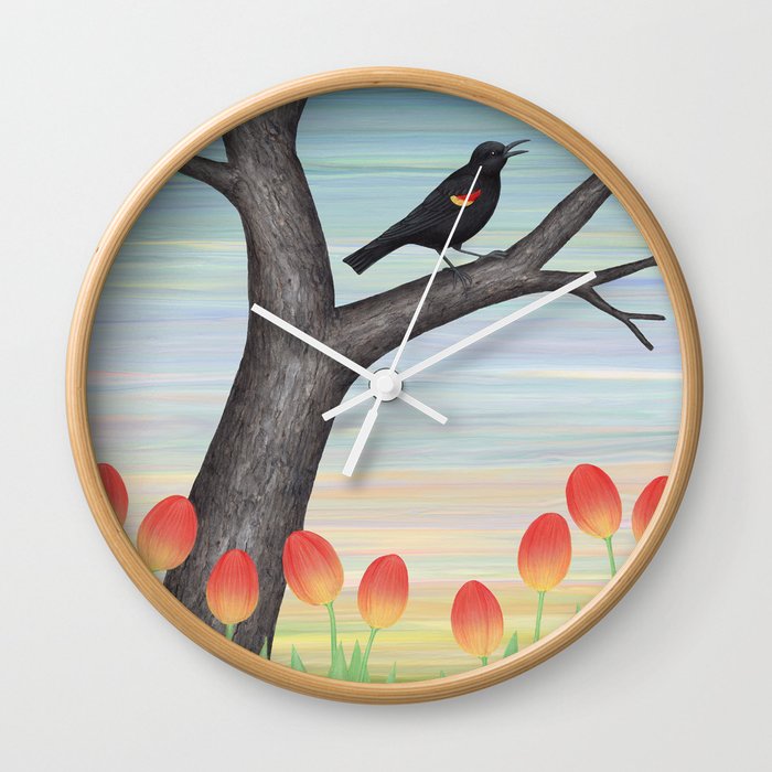 red winged blackbird and tulips Wall Clock