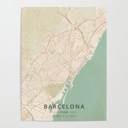 Barcelona, Spain - Vintage Map Poster