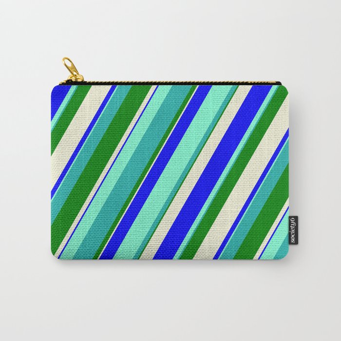 Vibrant Aquamarine, Light Sea Green, Green, Beige, and Blue Colored Lines Pattern Carry-All Pouch