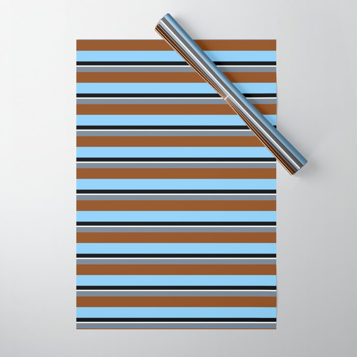 Colorful Slate Gray, Brown, Light Sky Blue, Black & Mint Cream Colored Striped Pattern Wrapping Paper