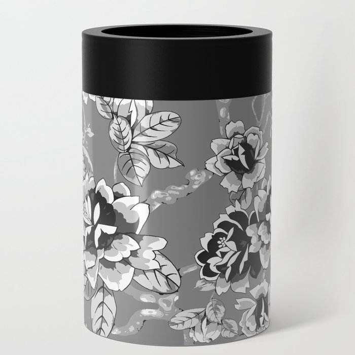 Spring Flowers Pattern Black and White Can Cooler