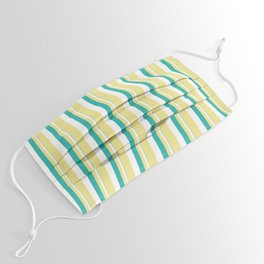 [ Thumbnail: Light Sea Green, White, and Tan Colored Stripes/Lines Pattern Face Mask ]