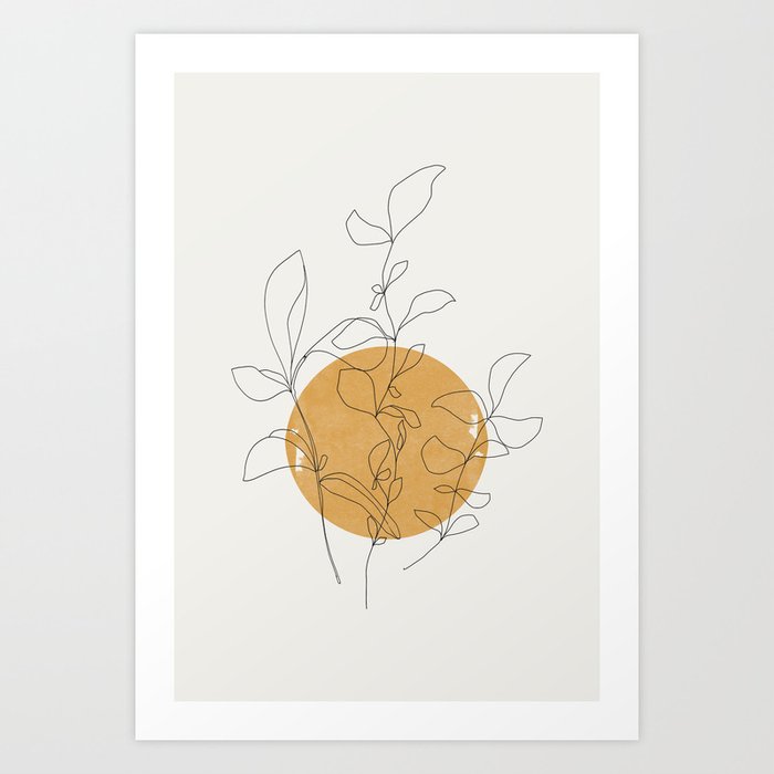 Yellow Sun and Flowers / Minimalist Line `Art  Art Print
