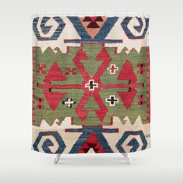 Red Diamond Arrow Konya // 19th Century Authentic Colorful Blue Green Cowboy Accent Pattern Shower Curtain