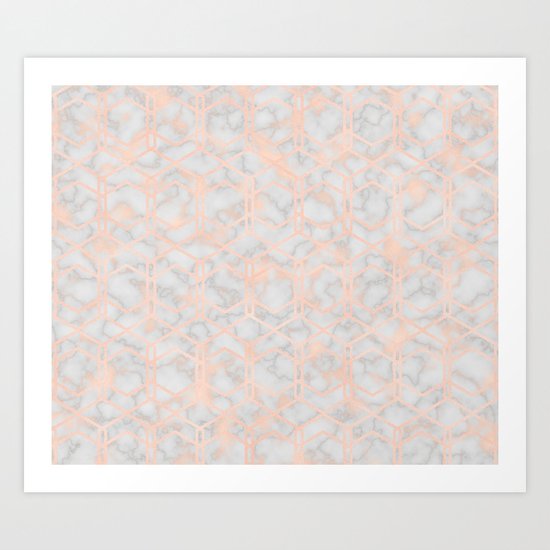 Geometric rose gold art deco on smokey marble Art Print