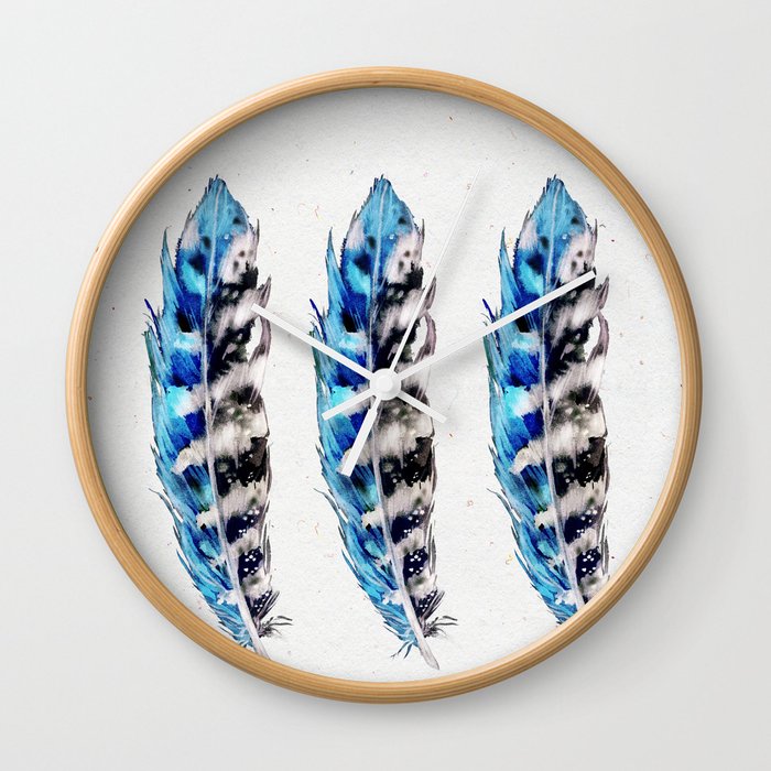Three Blue Feathers Wall Clock