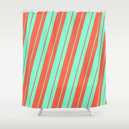 [ Thumbnail: Aquamarine and Red Colored Lined Pattern Shower Curtain ]