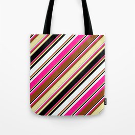 [ Thumbnail: Vibrant Brown, Pale Goldenrod, Black, Mint Cream & Deep Pink Colored Lined/Striped Pattern Tote Bag ]