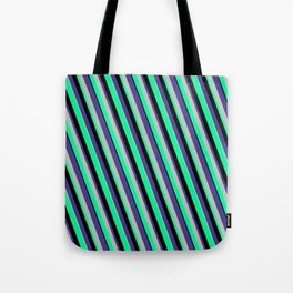 [ Thumbnail: Dark Slate Blue, Grey, Green, and Black Colored Lines/Stripes Pattern Tote Bag ]