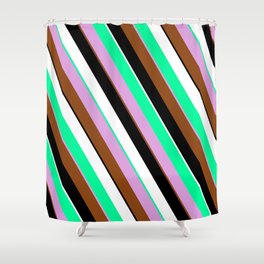 [ Thumbnail: Green, Plum, Brown, Black, and White Colored Pattern of Stripes Shower Curtain ]