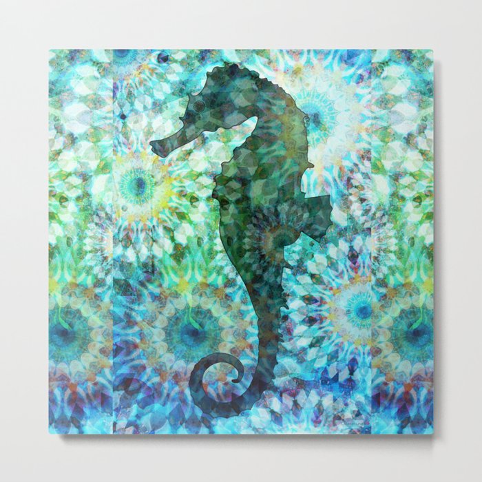 Blue Mandala Seahorse - Beach Fish Art Metal Print