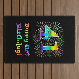 [ Thumbnail: 41st Birthday - Fun Rainbow Spectrum Gradient Pattern Text, Bursting Fireworks Inspired Background Outdoor Rug ]