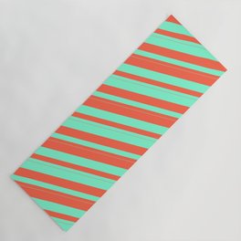 [ Thumbnail: Red & Aquamarine Colored Stripes Pattern Yoga Mat ]