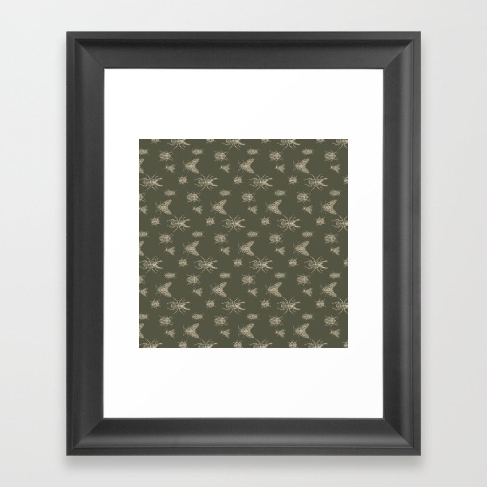 Insects Pattern Nature Olive Green Framed Art Print