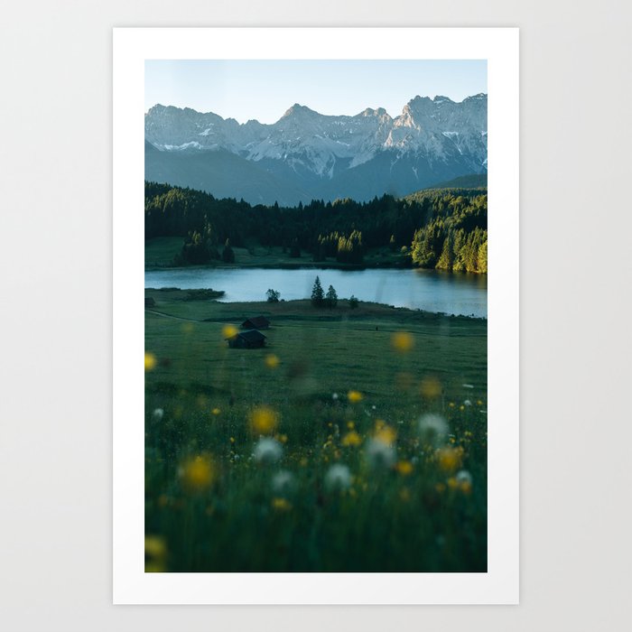 Sunrise at a mountain lake with forest - Landscape Photography Art Print