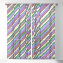 [ Thumbnail: Colorful Cornflower Blue, Dark Orchid, Brown, Beige & Green Colored Lined/Striped Pattern Sheer Curtain ]