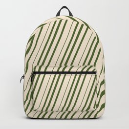 [ Thumbnail: Beige & Dark Olive Green Colored Striped/Lined Pattern Backpack ]