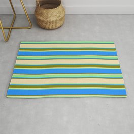 [ Thumbnail: Tan, Light Green, Blue, and Green Colored Lined/Striped Pattern Rug ]