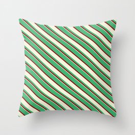 [ Thumbnail: Sea Green, Dark Red, and Beige Colored Lined Pattern Throw Pillow ]