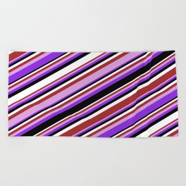 [ Thumbnail: Colorful Brown, Plum, Purple, Black, and White Colored Pattern of Stripes Beach Towel ]