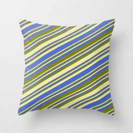 [ Thumbnail: Pale Goldenrod, Royal Blue, and Green Colored Lined Pattern Throw Pillow ]