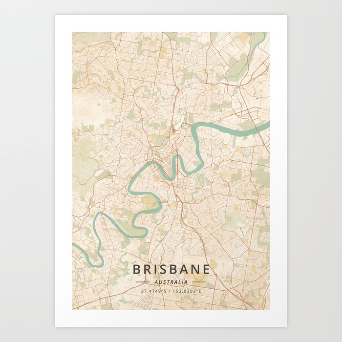 Brisbane, Australia - Vintage Map Art Print