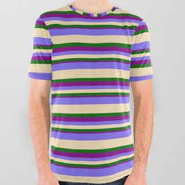 [ Thumbnail: Medium Slate Blue, Tan, Dark Green & Purple Colored Pattern of Stripes All Over Graphic Tee ]
