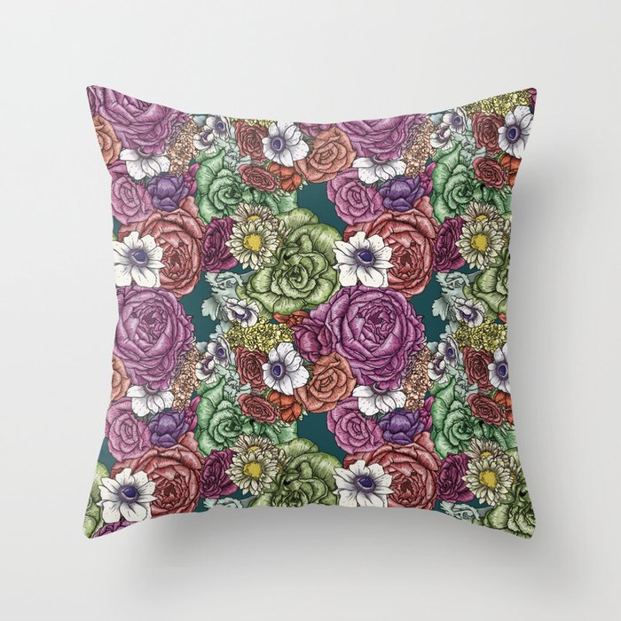 Vintage Inspired Floral Pattern with Peonies, Roses, Anemones, and Decorative Lettuce Throw Pillow