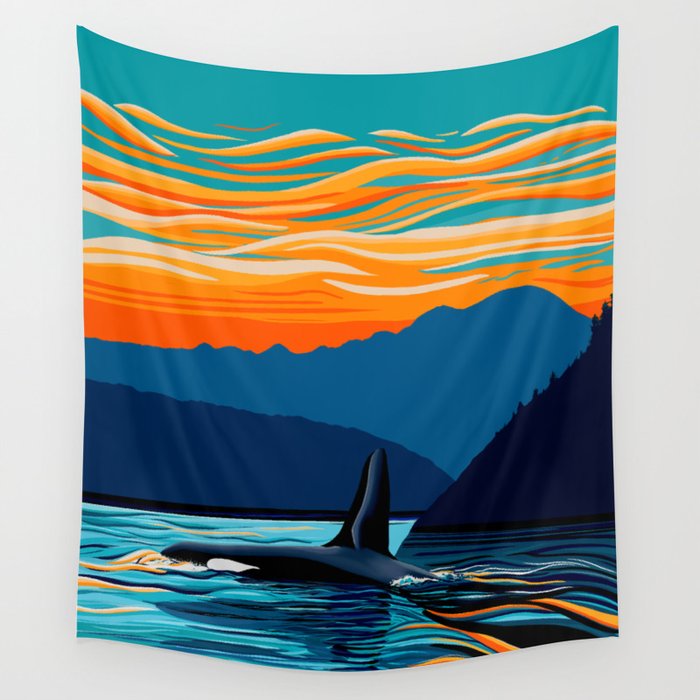 Orca into the Fire Sky Wall Tapestry