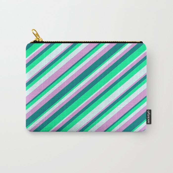 Plum, Teal, Green & Light Cyan Colored Striped Pattern Carry-All Pouch