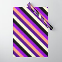[ Thumbnail: Eye-catching Dark Violet, Light Salmon, Indigo, Light Yellow, and Black Colored Lined Pattern Wrapping Paper ]