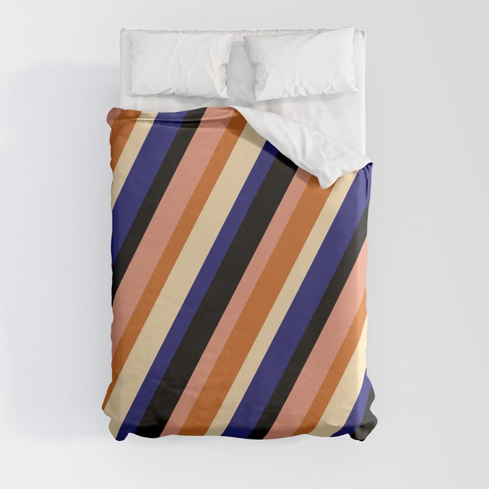 Eye-catching Black, Dark Salmon, Chocolate, Beige, and Midnight Blue Colored Striped Pattern Duvet Cover