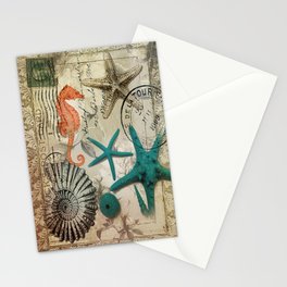 french botanical art seahorse teal green starfish Stationery Card