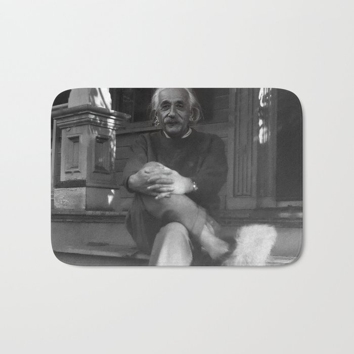 Funny Einstein in Fuzzy Slippers Classic Black and White Satirical Photography - Photographs Bath Mat