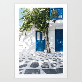 Blue door in Mykonos town Greece | Digital summer travel photography art print Art Print