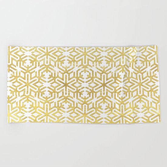 White and Gold Snowflake Pattern Beach Towel
