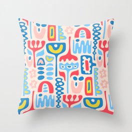 DREAMSCAPE RETRO 70s ABSTRACT ORGANIC FLORAL in ICY BLUES RED PINK YELLOW ON CREAM Throw Pillow
