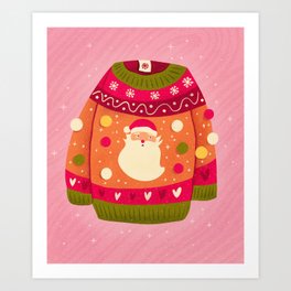 Cute Christmas sweater with Santa Claus and pom-poms. Colorful holiday illustration.  Art Print