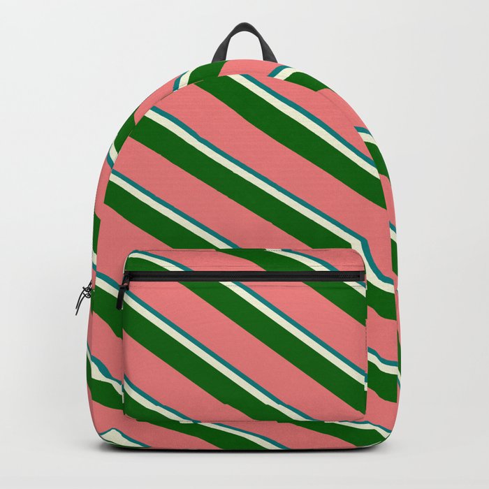 Teal, Beige, Dark Green & Light Coral Colored Lines Pattern Backpack